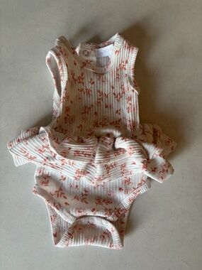 Ribbed Floral Ruffle One-Piece Skirted Bodysuit - Cream with Rust Floral